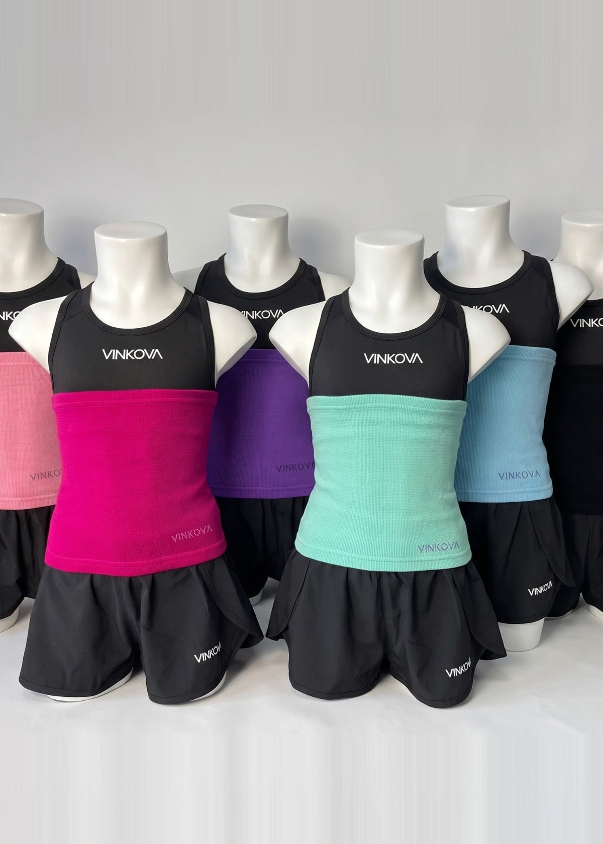 Fajas Vinkova en todos sus colores: rosa, buganvilla, morado, turquesa, celeste y negro