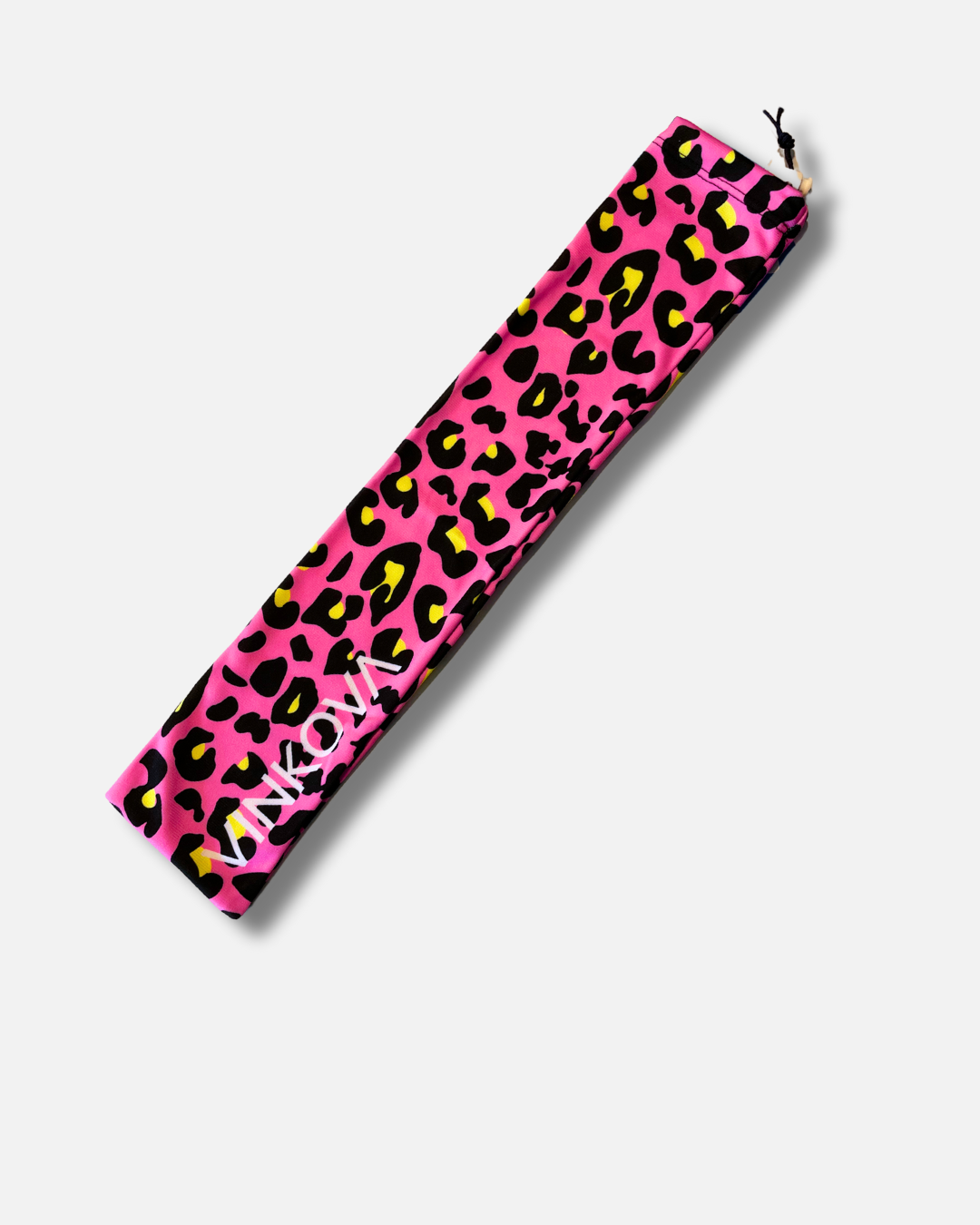 Housse longue pour massues Pink Cheetah Vinkova, motif léopard rose et logo.