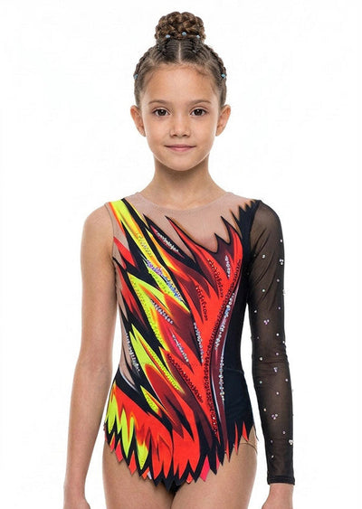 Professional rhythmic gymnastics leotard with a jagged skirt and vibrant fire-style design.