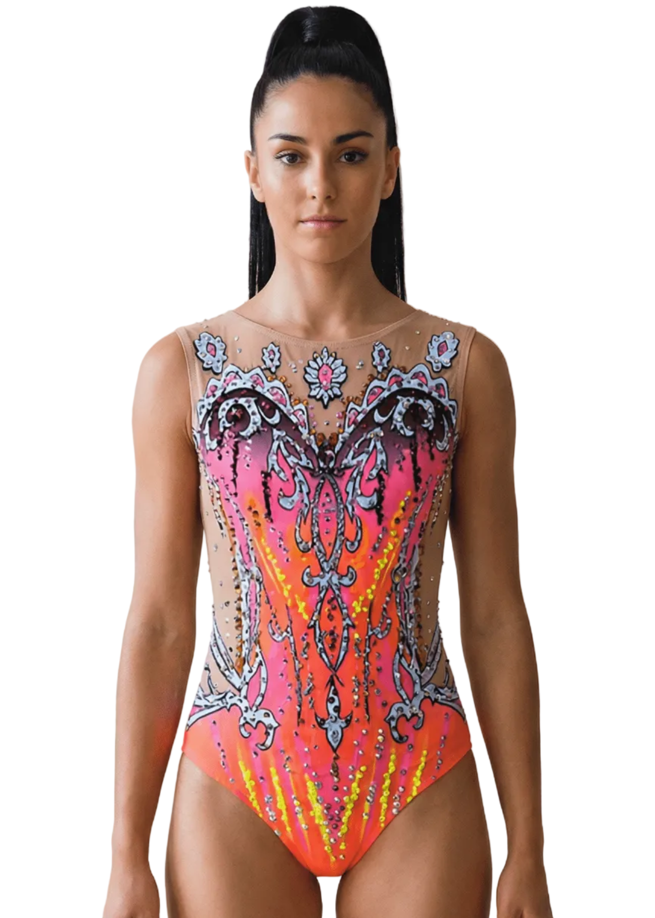 Maillot de gimnasia rítmica rosa y naranja neón con transparencias tono piel, pedrería brillante y ornamentos simétricos en estilo elegante.
Maillot rítmico en rosa y naranja neón con pedrería abundante, transparencias tono piel y diseño ornamental detallado de acabado vibrante.
Espalda de maillot rítmico rosa y naranja neón con transparencias tono piel, pedrería dispersa y motivos ornamentales en estilo refinado.