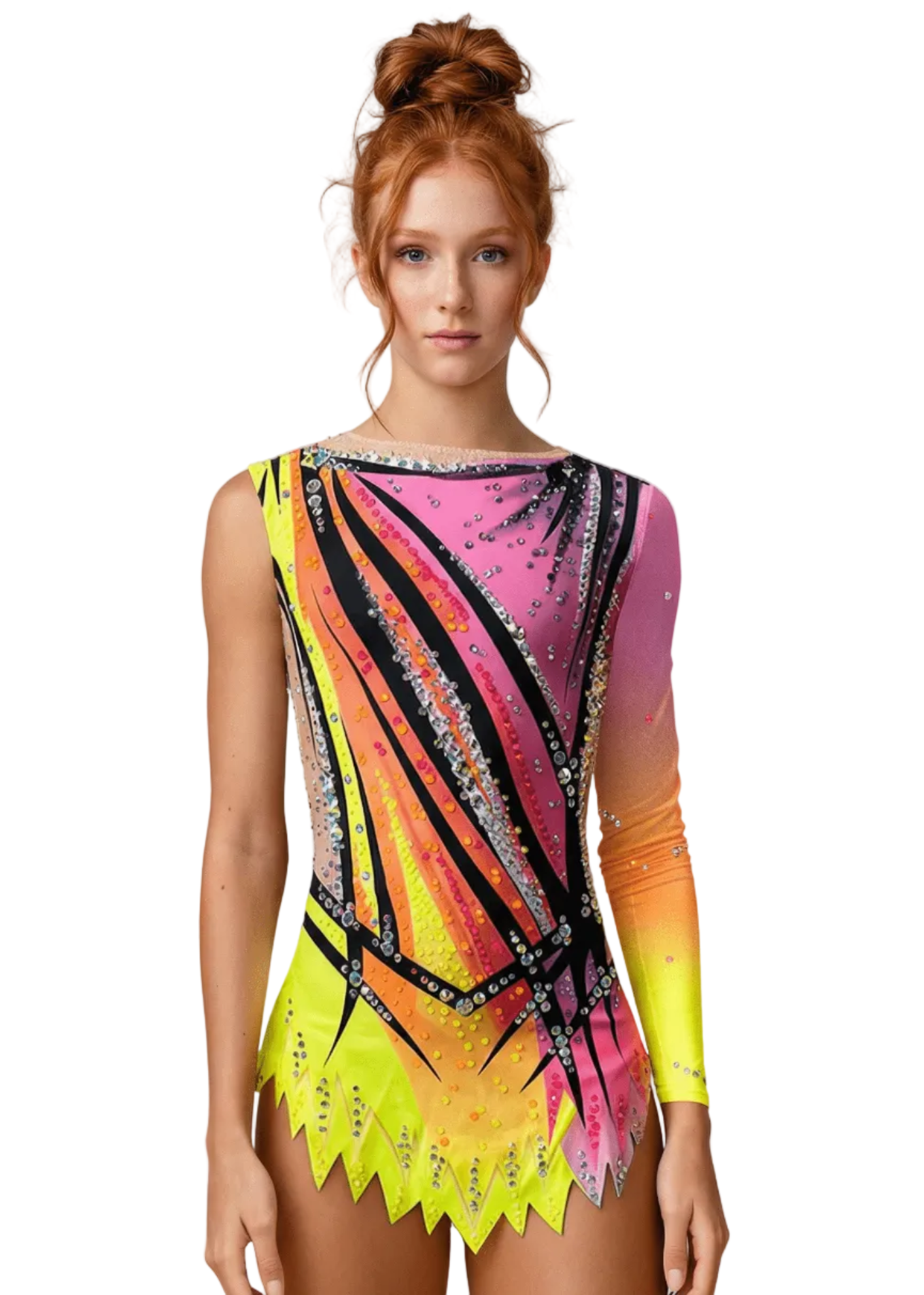 Maillot de gimnasia rítmica rosa y amarillo neón con degradados, pedrería brillante, una manga larga y falda recortada en estilo dinámico.
Maillot rítmico amarillo neón y rosa con transparencias tono piel, pedrería abundante, líneas negras marcadas y una manga larga degradada.
Espalda de maillot rítmico rosa y amarillo neón con pedrería dispersa, degradados vibrantes y diseño gráfico de líneas ascendentes.
