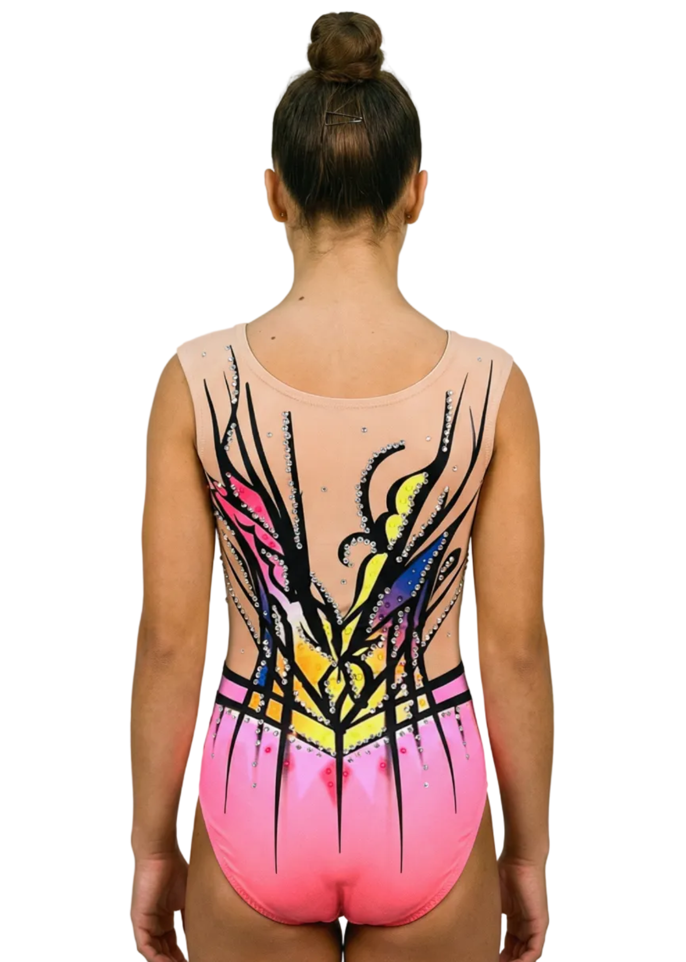 Rhythmic gymnastics leotard in pink, purple and yellow with rhinestones and black floral motifs creating a vibrant style.

Light-colored rhythmic gymnastics leotard with intense pinks, purples, yellows, shiny rhinestones and a dynamic-looking floral design.

Rhythmic gymnastics leotard seen from the back on a light base with pinks, yellows and purples, rhinestones and stylized black lines.