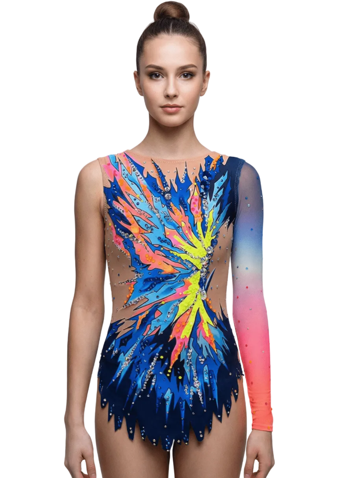 Maillot de gimnasia rítmica azul y neón con transparencias, pedrería abundante, una manga degradada y diseño frontal explosivo estilizado.
Maillot rítmico en azul oscuro y tonos neón, pedrería brillante, transparencias laterales y patrón frontal dinámico con formas afiladas.
Maillot de gimnasia rítmica azul y neón con pedrería dispersa, degradados vibrantes y estilo posterior en formas ascendentes dinámicas.