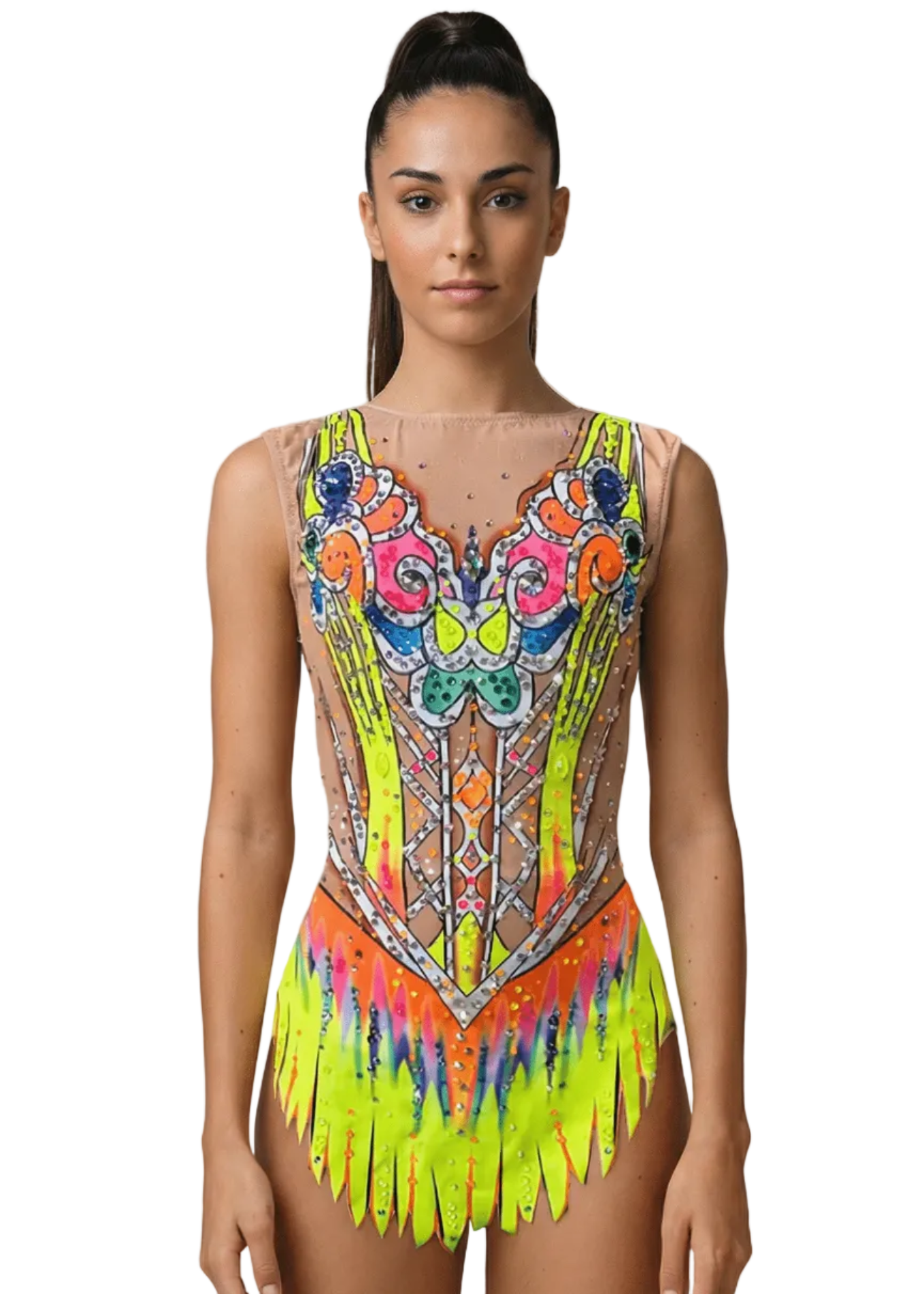 Maillot de gimnasia rítmica neón multicolor con transparencias tono piel, pedrería abundante y diseño simétrico tipo corpiño con falda recortada vibrante.
Maillot rítmico multicolor neón con transparencias tono piel, pedrería brillante, detalles ornamentales centrales y falda recortada en estilo llamativo.
Espalda de maillot rítmico neón multicolor con transparencias tono piel, pedrería dispersa y diseño fluido de líneas decorativas.