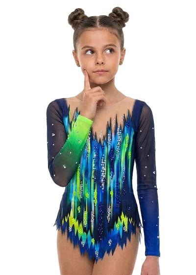 Navy blue and neon lime green rhythmic gymnastics leotard with sparkling rhinestones for competition.