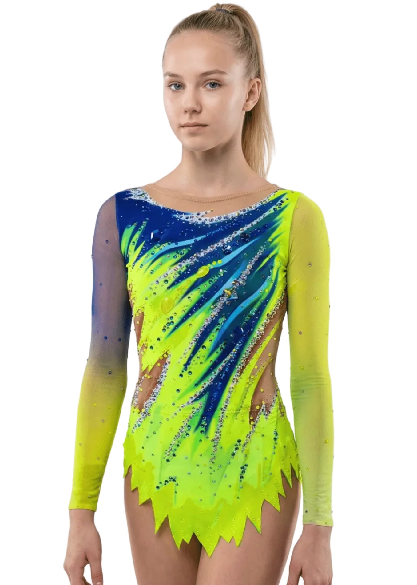 Maillot de gimnasia rítmica en amarillo y azul, mangas largas semitransparentes, pedrería abundante y diseño frontal ondulado con degradados brillantes.
Maillot rítmico amarillo lima y azul intenso, transparencias laterales, pedrería dispersa y estilo frontal dinámico de trazos curvos.
Maillot de gimnasia rítmica amarillo y azul con pedrería, mangas largas y continuidad posterior presumible de líneas onduladas vibrantes.