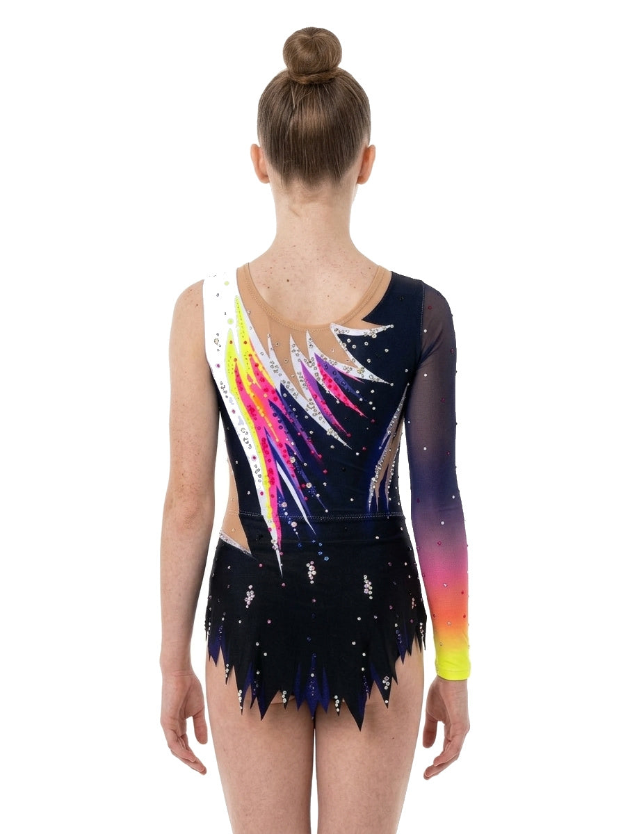 Justaucorps Alana Vinkova, dos : noir, rayons multicolores, jupe à pointes.