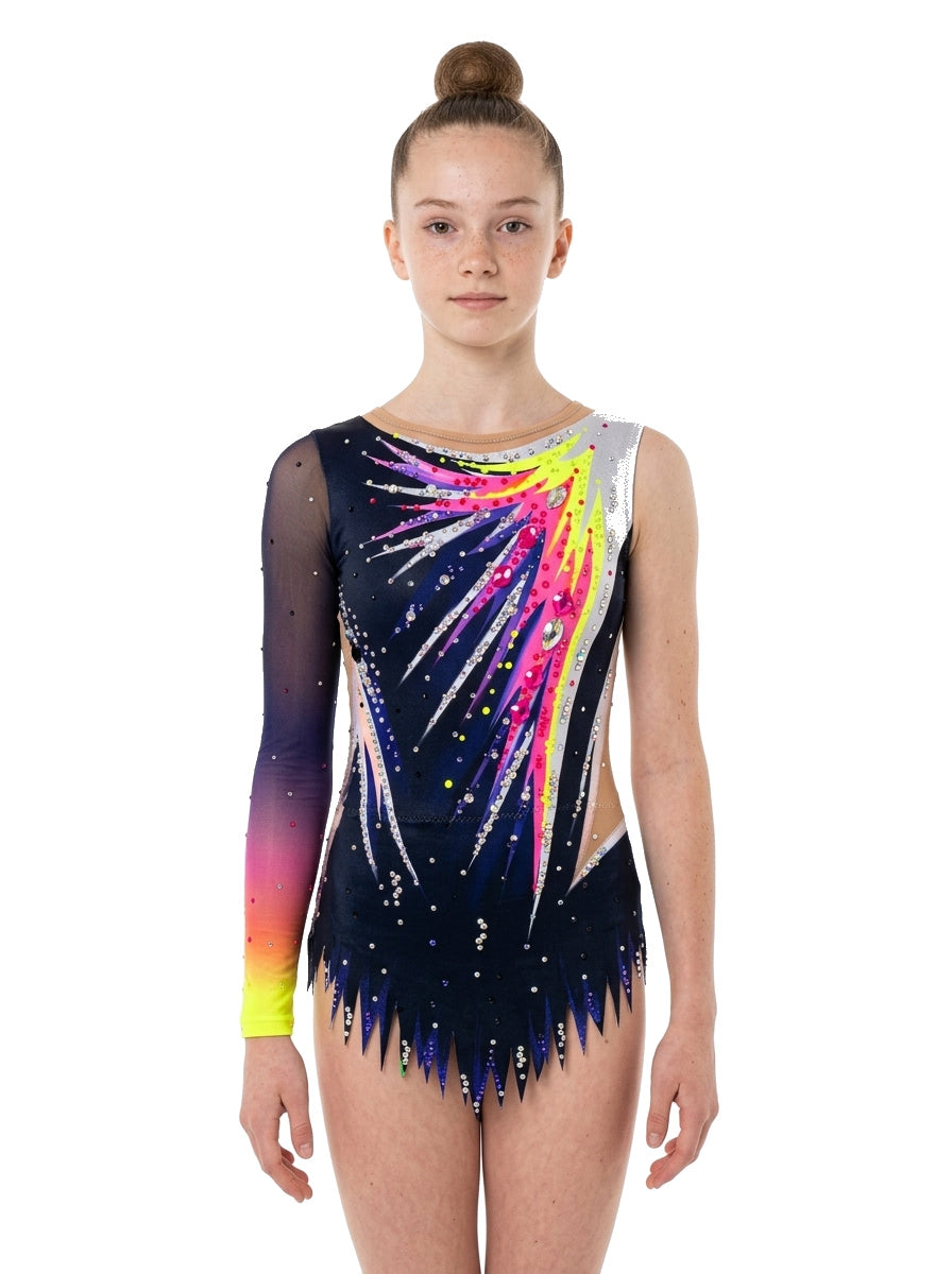 Vinkova Alana rhythmic gymnastics leotard, front: black, multicoloured rays, one long sleeve.