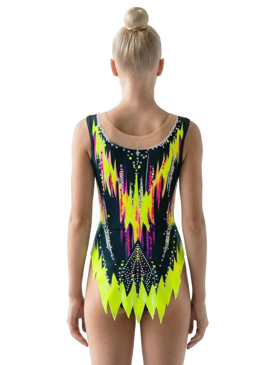 Justaucorps Danna Vinkova, dos : noir, citron vert et fuchsia, jupe à pointes.