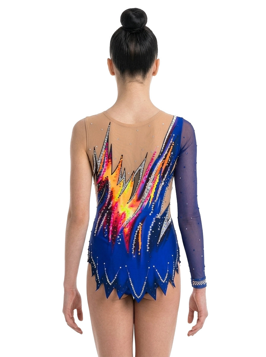 Justaucorps Dexa Vinkova, dos : bleu, rayons multicolores, jupe à pointes.