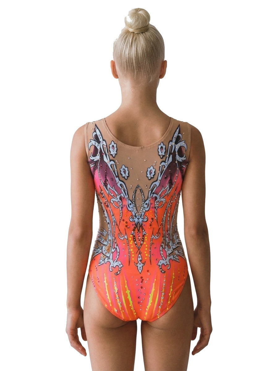 Justaucorps Horus Vinkova, dos : corail et orange, motifs ornementaux.
