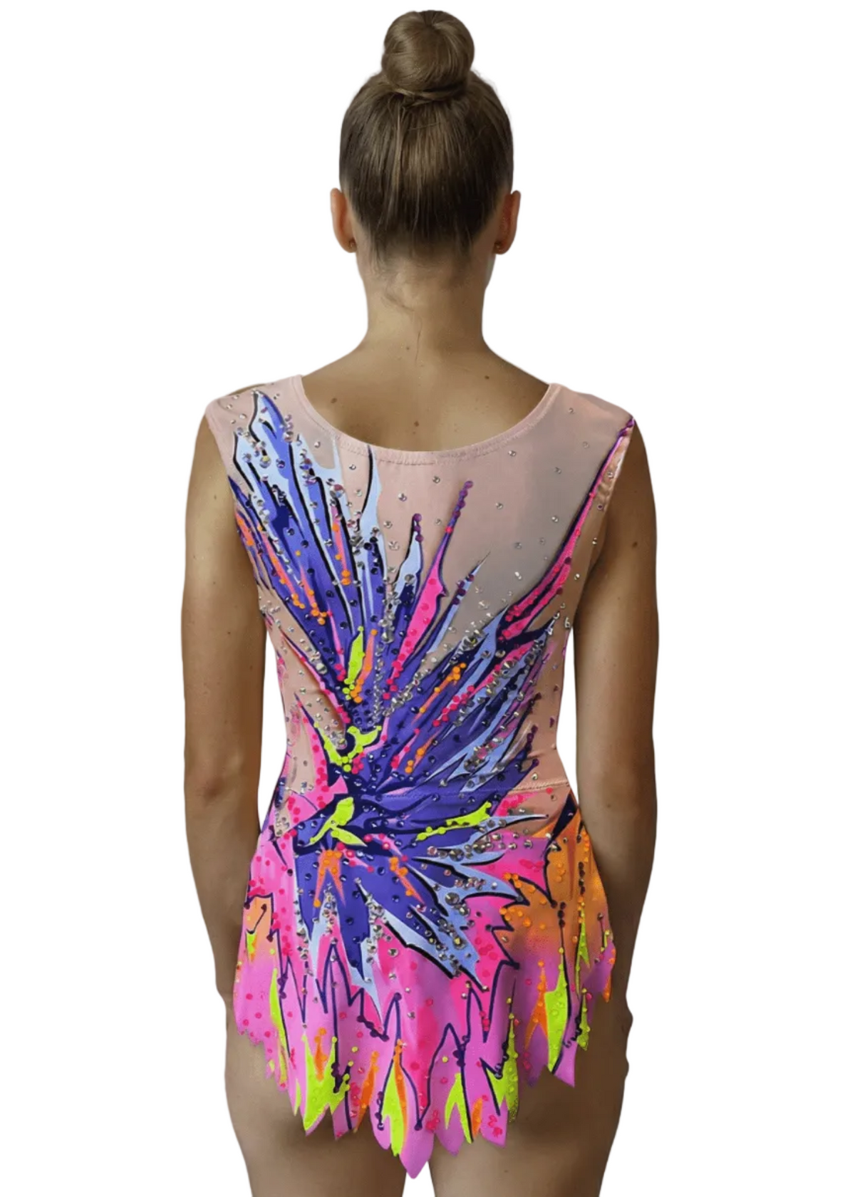 Vista de espalda del maillot Isla Turbo Fluor, con trazos multicolor, pedrería y falda de bajo irregular en picos.