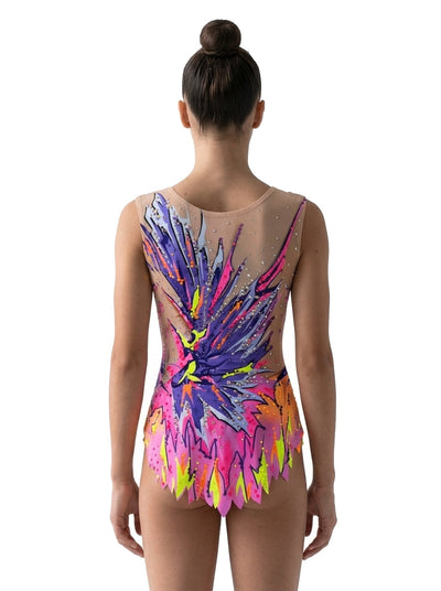 Vinkova Isla leotard, back: pink, violet and neon yellow, rhinestones, pointed skirt.