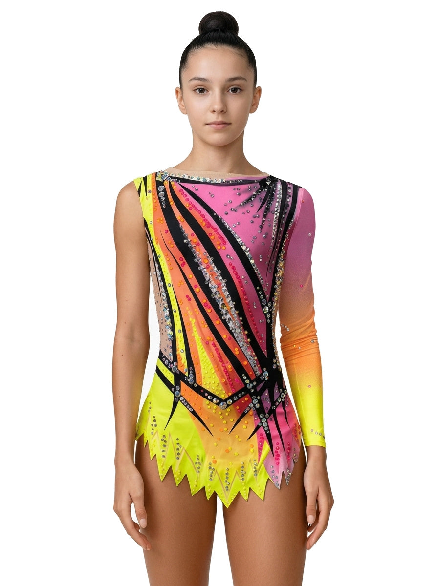 Vinkova Lalo rhythmic gymnastics leotard, front: pink and neon yellow, black diagonals, one long sleeve.