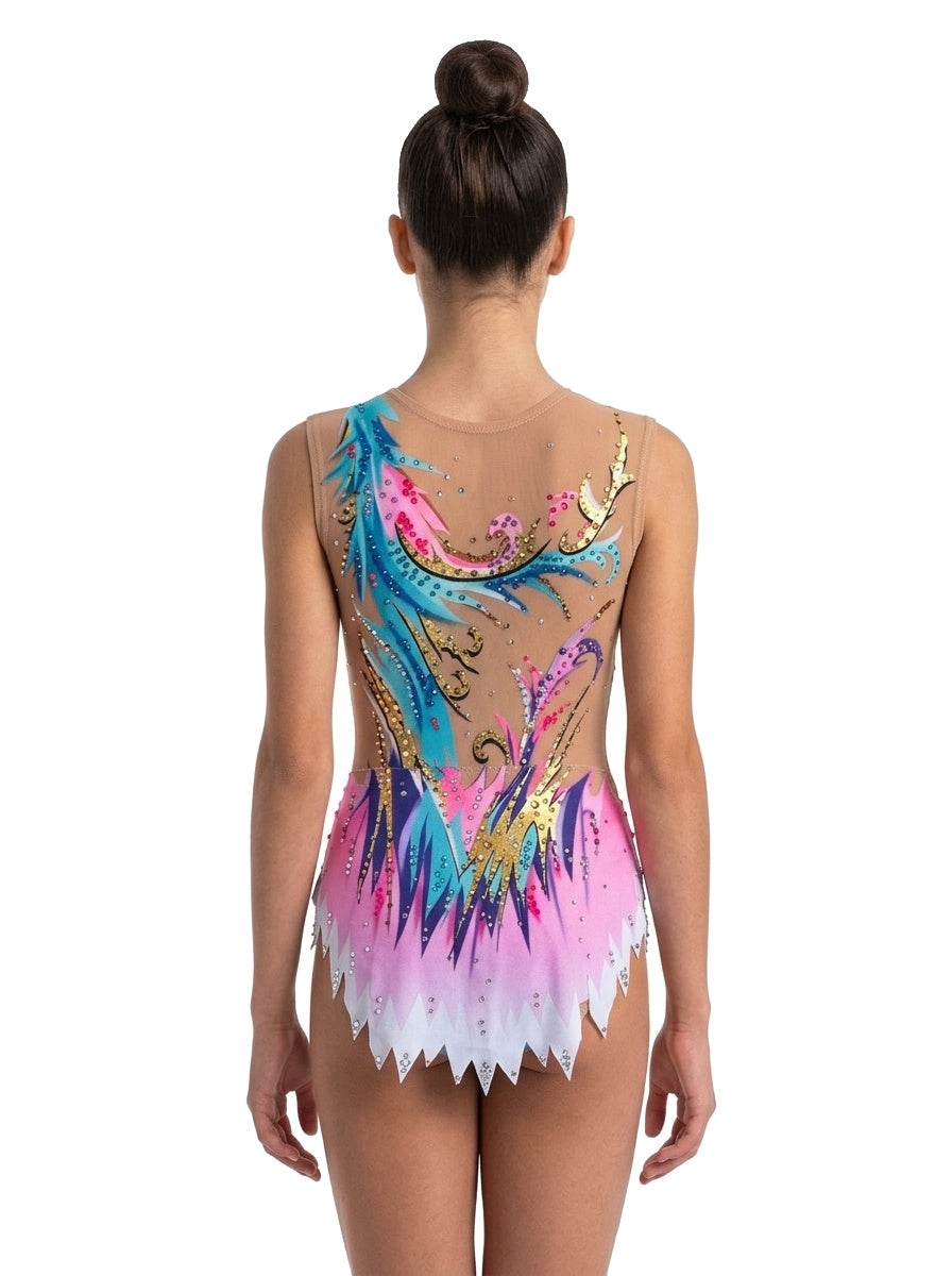 Justaucorps Leo Vinkova, dos : turquoise et rose, lignes courbes, jupe à pointes.
