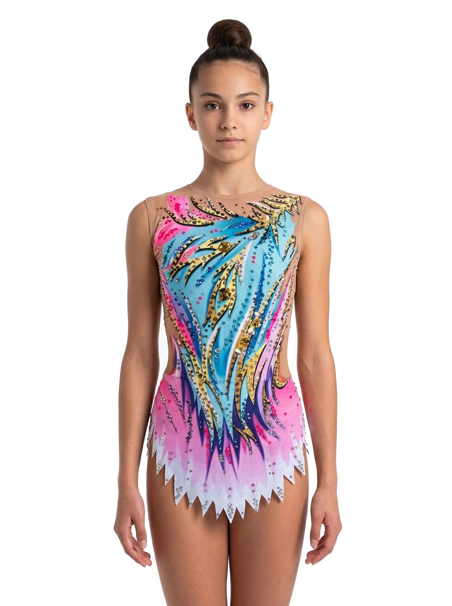 Justaucorps GRS Leo Vinkova, face : turquoise et rose, courbes dorées et noires.