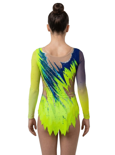 Maillot Leva Vinkova, espalda: lima y azul, mangas largas, líneas diagonales.