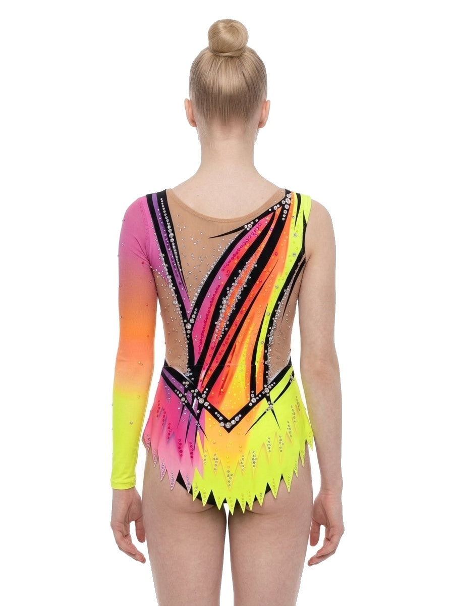 Justaucorps Lily Vinkova, dos : rose, orange et jaune fluo, diagonales noires, empiècement en V couleur chair.