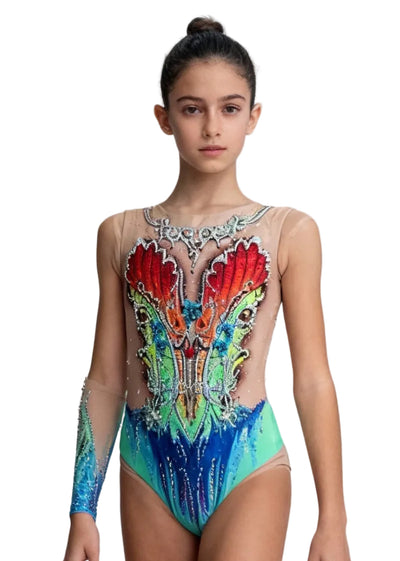 Front view of the Lisboa rhythmic gymnastics leotard with red and green motifs over blue and turquoise.