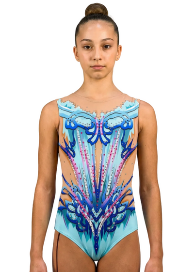 Front view of the Pacific rhythmic gymnastics leotard, with blue and pink ornament on pale blue and skin-tone areas.