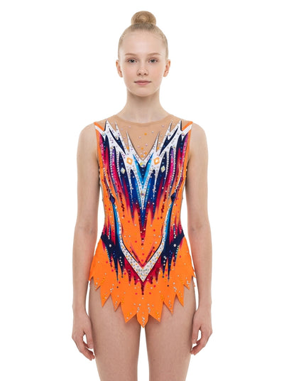 Justaucorps GRS Regina Vinkova, face : orange, bleu et blanc, lignes en V.