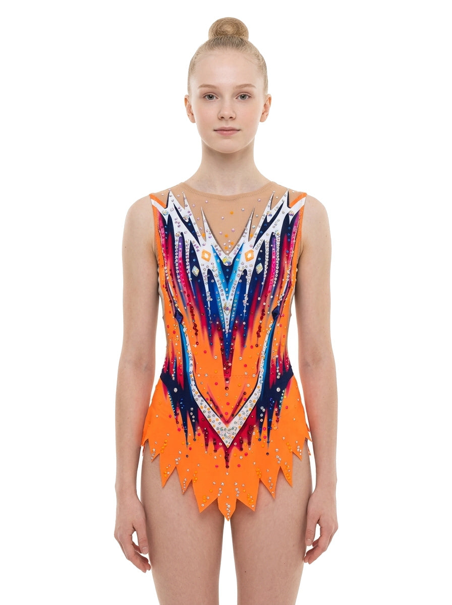 Justaucorps GRS Regina Vinkova, face : orange, bleu et blanc, lignes en V.