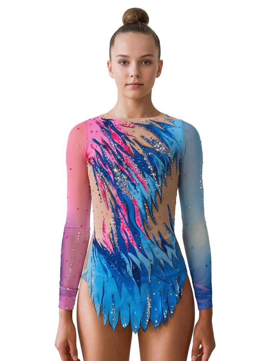 Vinkova Viva rhythmic gymnastics leotard, front: blue and pink, long sleeves, pointed strokes.