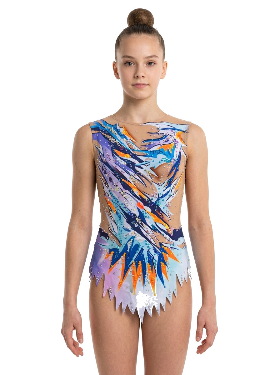 Justaucorps GRS Zip Vinkova, face : orange, bleu et blanc, lignes diagonales.