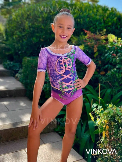Princess rhythmic gymnastics leotard with lilac corset design, ivy and lace for training.