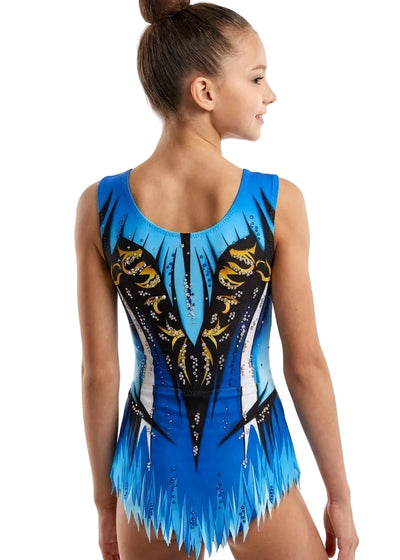 Rhythmic gymnastics competition leotard blue, black and gold back with rhinestones