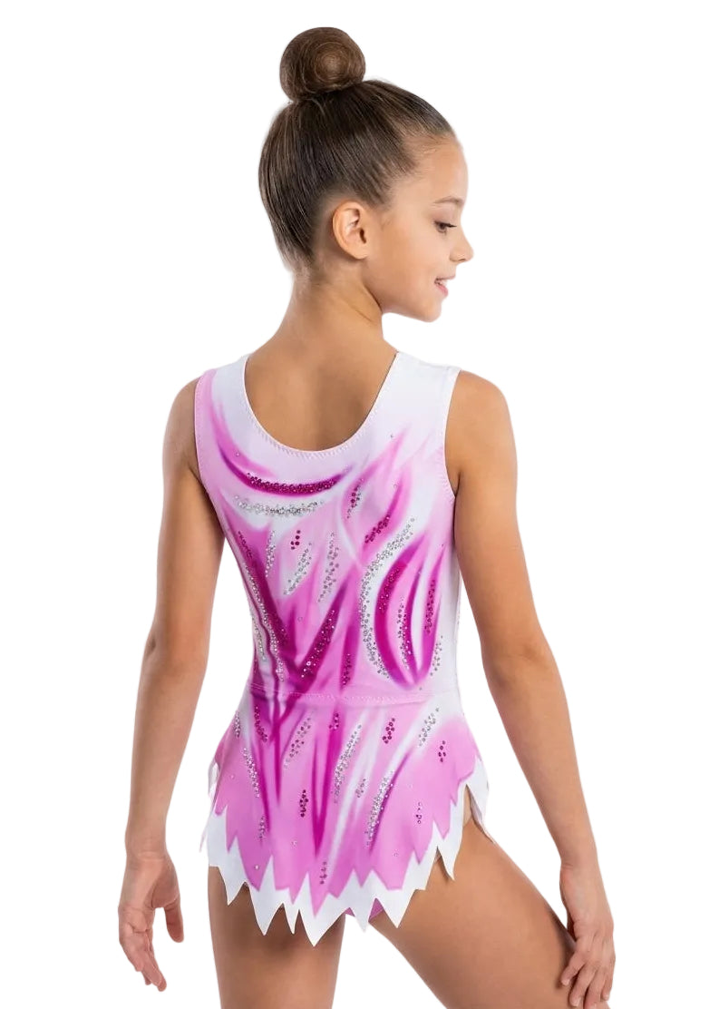 Professional elastic leotard with pointed skirt, decorated with rhinestones and abstract motifs in fuchsia and white tones.