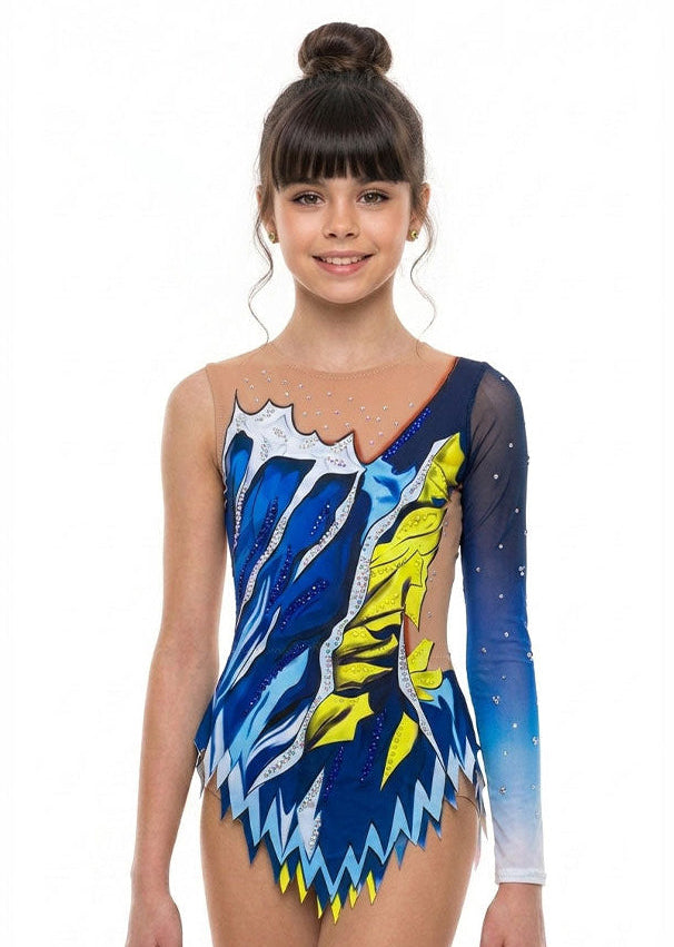 Maillot de gimnasia rítmica azul, amarillo y blanco con brillantes strass para competición.
