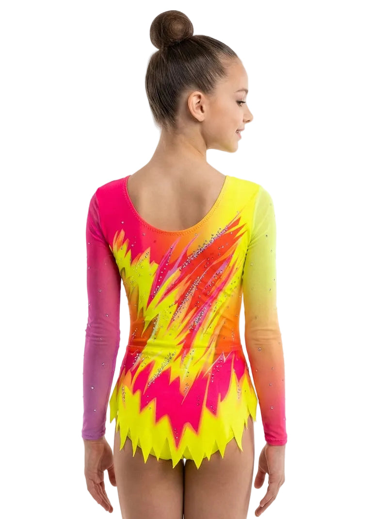 FIG approved competition leotard with pointed skirt and shiny geometric motifs in fuchsia and neon tones.