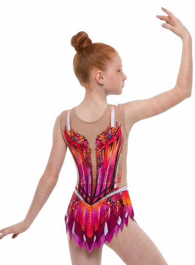Professional multicolor stretch leotard with rhinestone details and peaked skirt for rhythmic gymnastics.