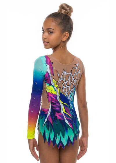Rhythmic gymnastics leotard with gradient long sleeves and rhinestones on high-quality stretch fabric.