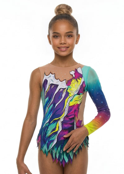 Multicolor rhythmic gymnastics leotard with rhinestones and asymmetrical design for professional competition.