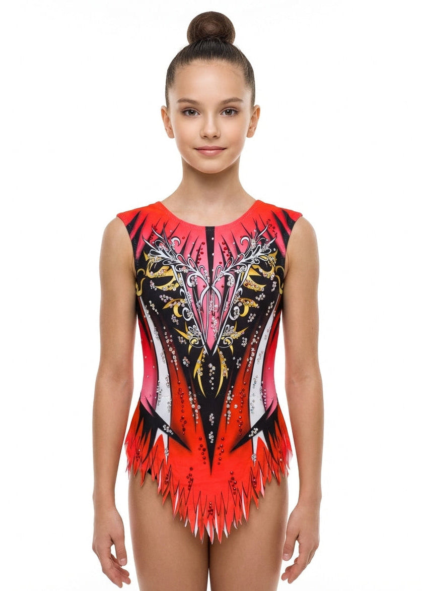Maillot de gimnasia rítmica rojo y negro modelo New York con brillantes strass para competición.