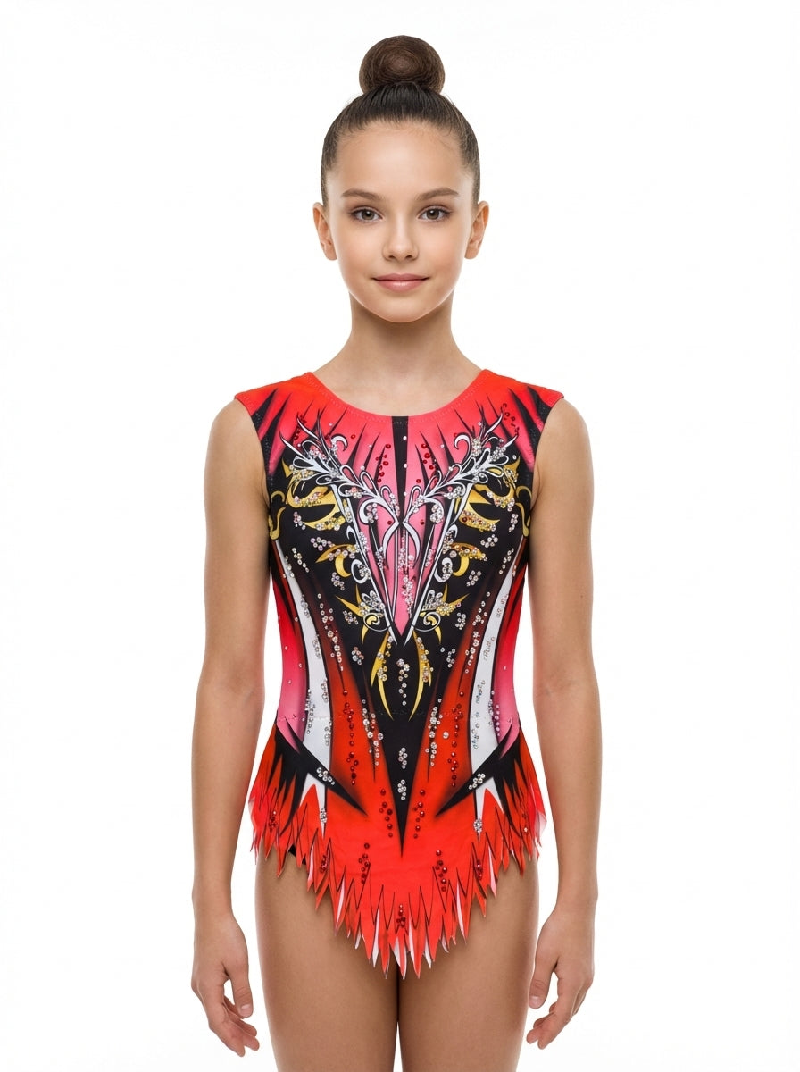 Maillot de gimnasia rítmica rojo y negro modelo New York con brillantes strass para competición.