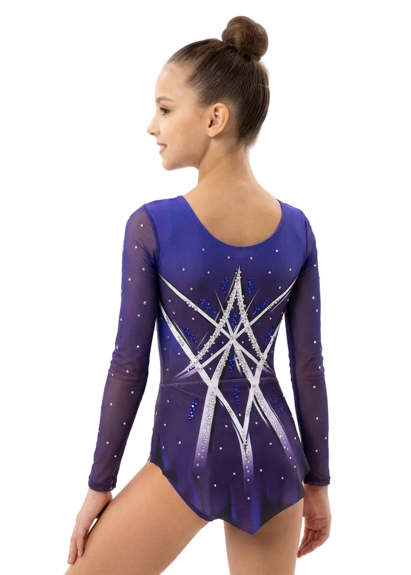 Purple rhythmic gymnastics leotard long sleeve with white lines and rhinestones Texas model
