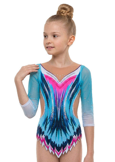 Cyan and pink rhythmic gymnastics leotard with rhinestones and peaked skirt for professional competition.