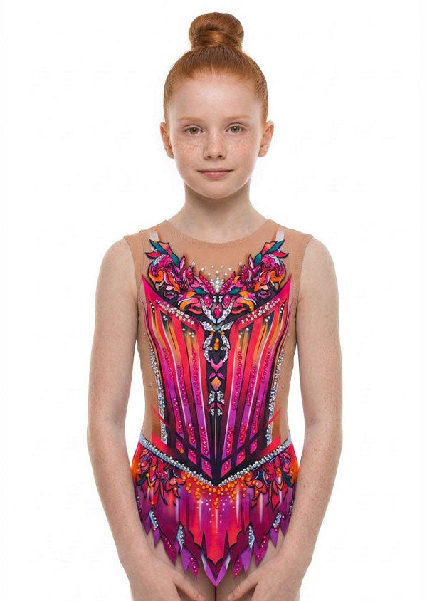 Maillot de gimnasia rítmica de competición fucsia y naranja con pedrería strass y diseño floral.