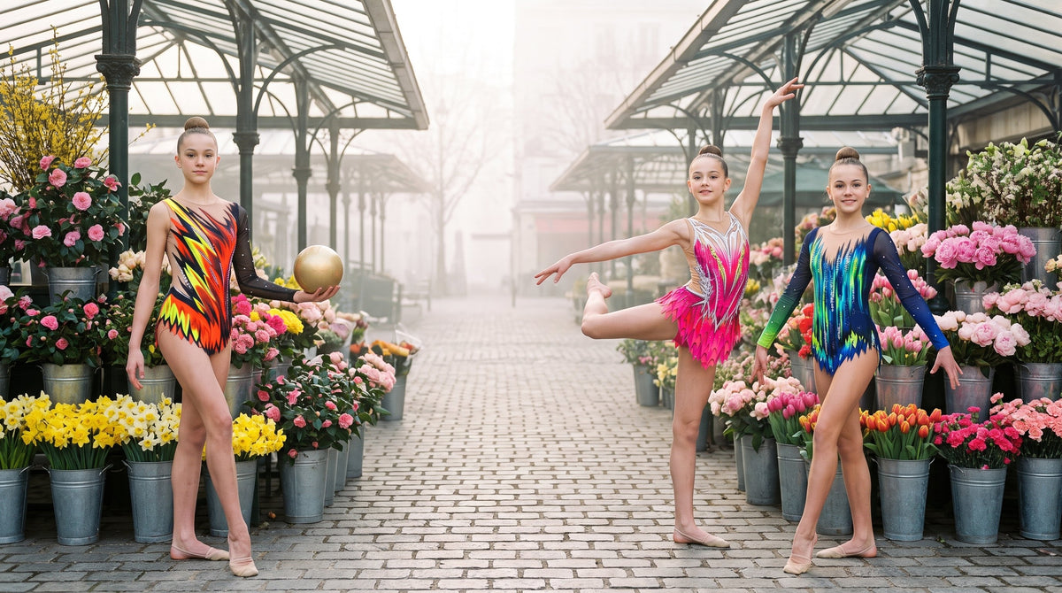 Trois gymnastes en justaucorps de gymnastique rythmique Primavera VINKOVA parmi des étals de fleurs.