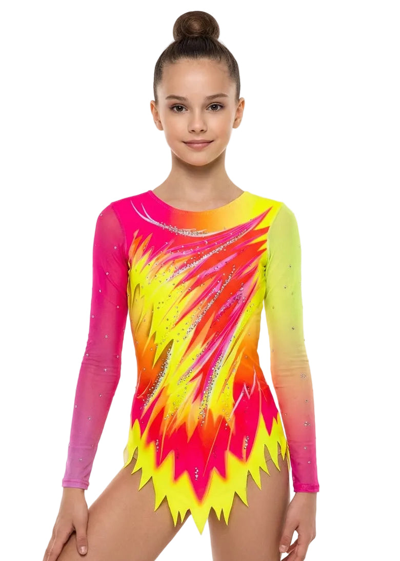 Long sleeve rhythmic gymnastics leotard in pink and yellow gradient with rhinestone details for competition.