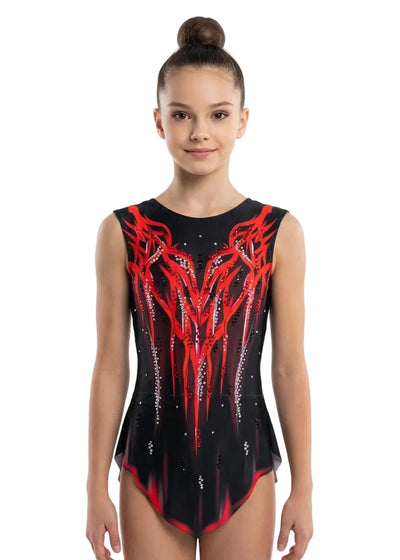 Black and red rhythmic gymnastics leotard with fire design, sparkling rhinestones and professional elastic fabric.