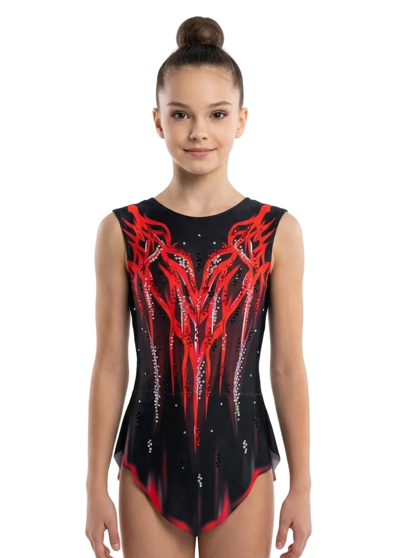 Black and red rhythmic gymnastics leotard with fire design, sparkling rhinestones and professional elastic fabric.