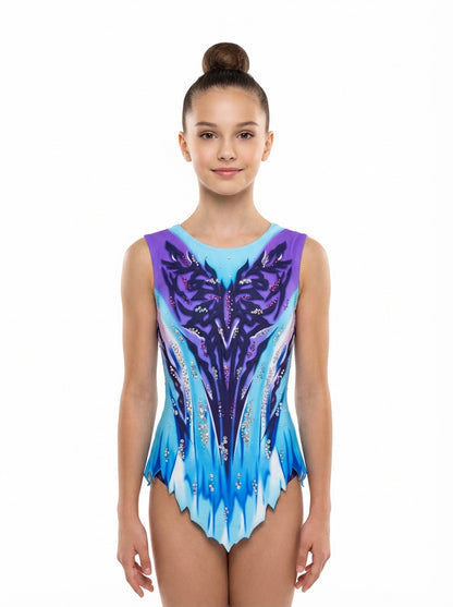 Maillot de gimnasia rítmica azul y morado con detalles en strass brillante para competición.
