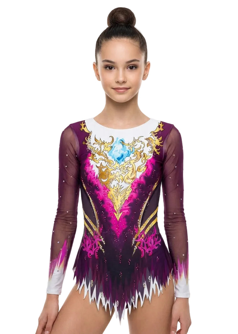 Maroon and pink rhythmic gymnastics leotard with tulle sleeves, gold details and rhinestones for competition.