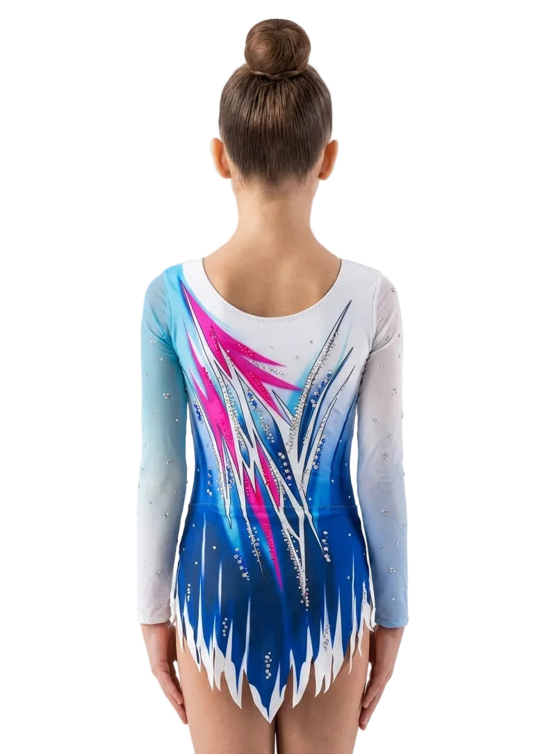 Maillot rítmica elástico diseño asimétrico azul y fucsia con strass modelo Washington