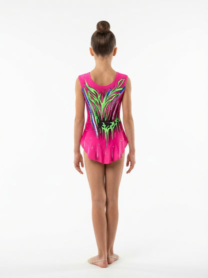 Maillot de gimnasia rítmica Portland fucsia y verde neón con pedrería brillante y corte ergonómico para gimnastas.