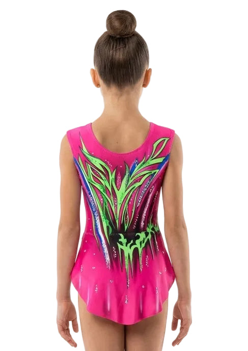 Fuchsia and neon green Portland rhythmic gymnastics leotard with sparkling rhinestones and ergonomic cut for gymnasts.